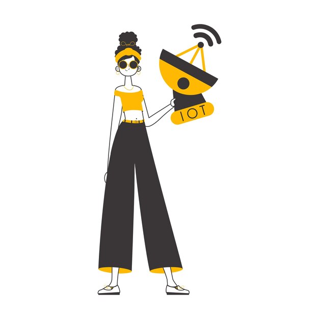 La niña sostiene el logotipo de Internet de las cosas en sus manos. Estilo lineal de tendencia aislado en fondo blanco. Ilustración vectorial.