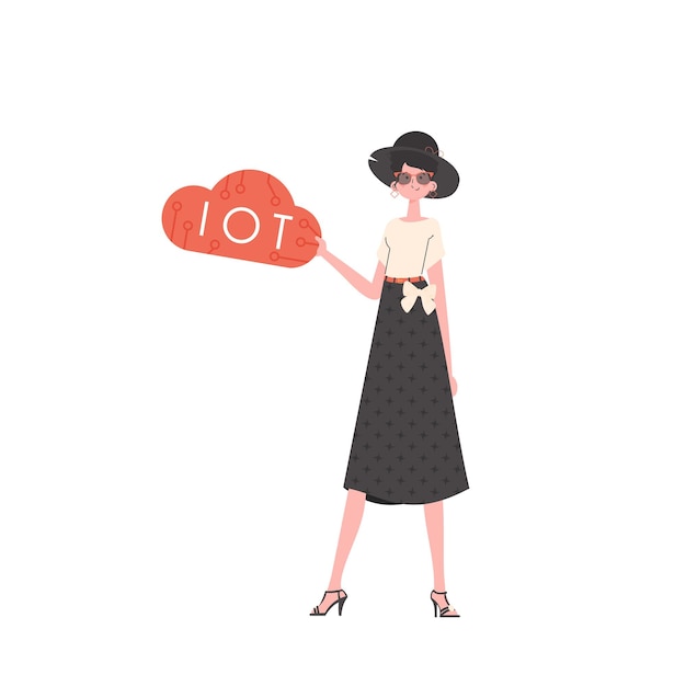 La niña sostiene el logotipo de IoT en sus manos Concepto de Internet de las cosas Ilustración vectorial aislada en un estilo moderno y plano