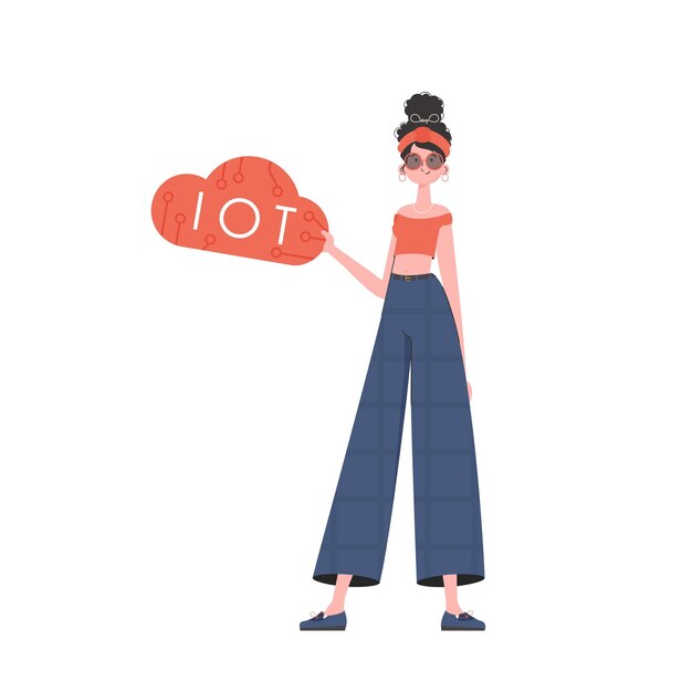 La niña sostiene el logotipo de IoT en sus manos Concepto de IoT Ilustración vectorial aislada en un estilo moderno y plano