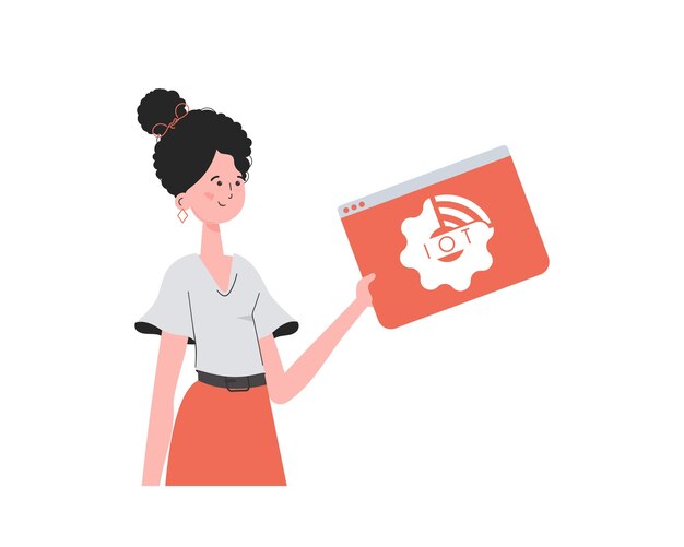 La niña sostiene el logotipo de IoT en sus manos Concepto de IoT Ilustración vectorial aislada en un estilo moderno y plano