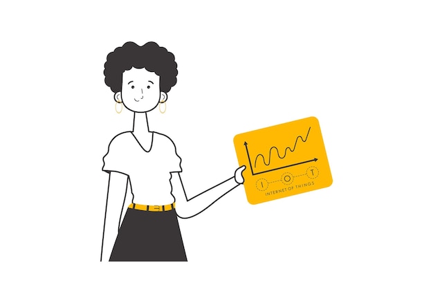 La niña sostiene el logotipo de IOT en sus manos Estilo lineal aislado sobre fondo blanco Ilustración vectorial