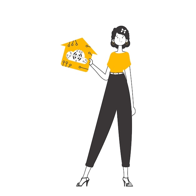 La niña sostiene el logotipo de IOT en sus manos Estilo lineal Ilustración vectorial aislada