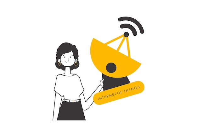 La niña sostiene el logotipo de IOT en sus manos Estilo lineal de tendencia aislado sobre fondo blanco Vector