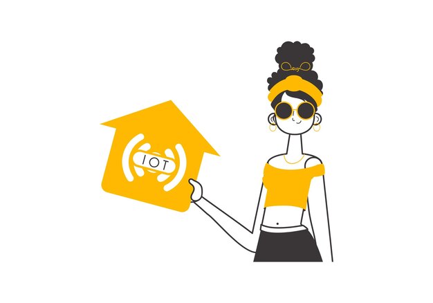 La niña sostiene el logotipo de IOT en sus manos Estilo moderno lineal aislado sobre fondo blanco Vector
