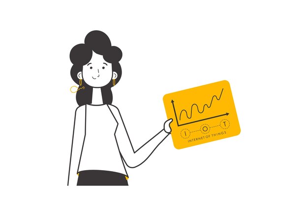 La niña sostiene el logotipo de IOT en sus manos Ilustración de vector aislado de estilo lineal de tendencia