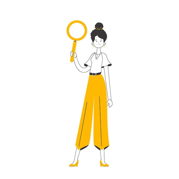 La niña sostiene una lupa en sus manos Concepto de búsqueda Estilo de moda lineal Aislado sobre fondo blanco Ilustración vectorial