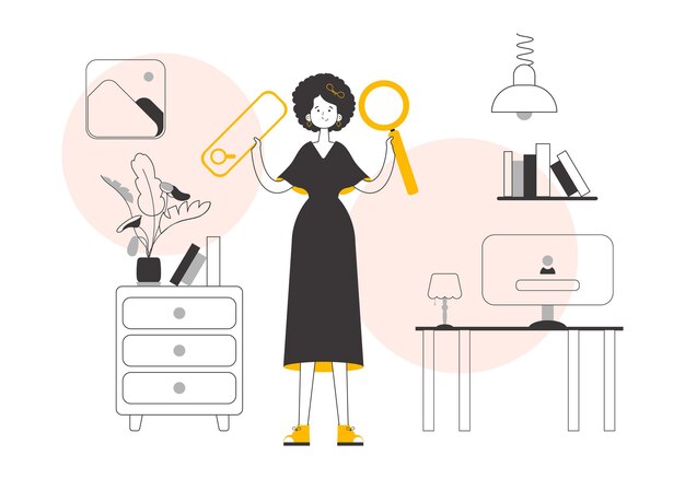 La niña sostiene una lupa en sus manos Concepto de búsqueda Estilo de moda lineal Vector
