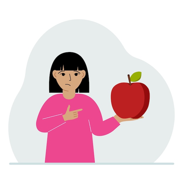 Vector una niña sostiene una manzana fresca y roja en su mano la niña come una manzana concepto de comida saludable