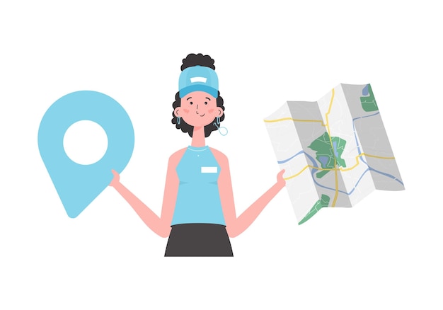 La niña sostiene un mapa. El personaje de moda se representa hasta la cintura. Aislado en fondo blanco. Ilustración vectorial.