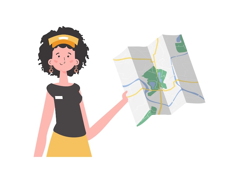 Vector la niña sostiene un mapa. el personaje moderno y moderno se representa hasta la cintura. aislado en el fondo blanco. vector