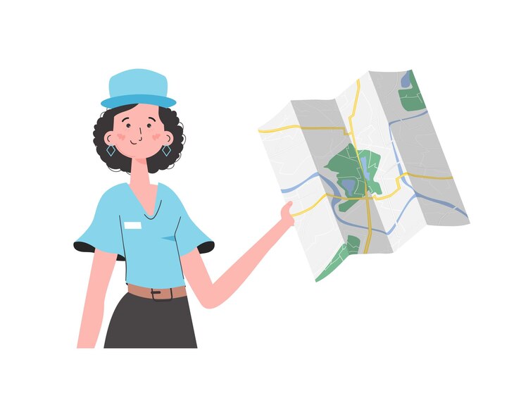 Vector la niña sostiene un mapa. el personaje moderno se representa hasta la cintura. aislado en fondo blanco. ilustración vectorial.