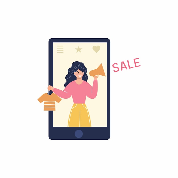 La niña sostiene un megáfono en sus manos y te invita a descuentos. Promociones, Descuentos y Rebajas en la tienda online. Compras online a través de smartphone. Carácter plano del vector. Compras de forma remota.
