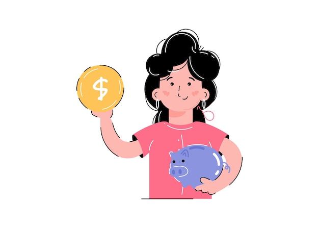 La niña sostiene una moneda y una alcancía en sus manos El concepto de ahorrar dinero Aislado sobre fondo blanco Estilo de vector plano de moda