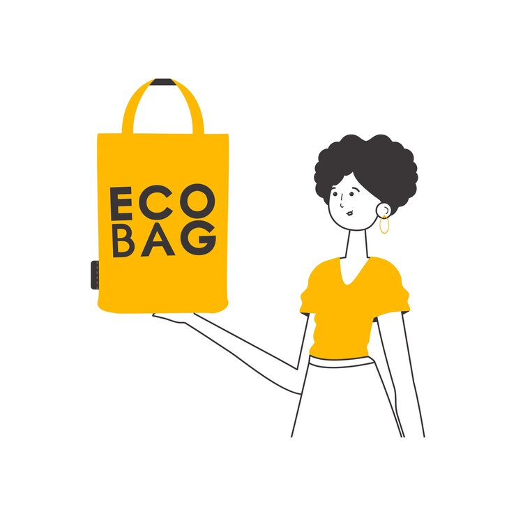 Vector la niña sostiene un paquete ecológico en sus manos el concepto de bolsas ecológicas y plástico estilo lineal aislado sobre fondo blanco ilustración vectorial