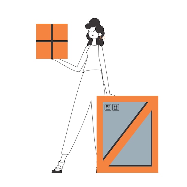 La niña sostiene un paquete Proveedor de paquetes Estilo moderno lineal Aislado sobre fondo blanco Ilustración vectorial