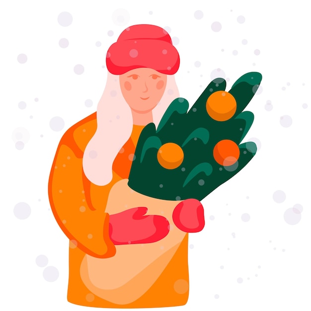 La niña sostiene ramas de árboles de Navidad en sus manos Tarjeta de Año Nuevo La nieve está cayendo Mitones de abrigo de piel naranja Adolescente afuera en invierno Ilustración vectorial
