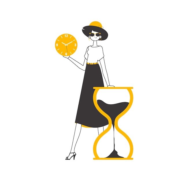 La niña sostiene un reloj en sus manos concepto de gestión del tiempo estilo lineal minimalista ilustración vectorial aislada