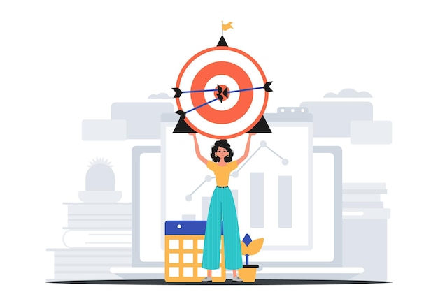 La niña sostiene en su letra contratada un cálculo con una flecha que golpea el concepto de comercialización digital central Ilustración vectorial de estilo moderno