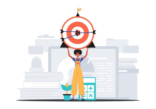 La niña sostiene en su letra contratada un conteo con una flecha que golpea el concepto de comercialización digital central Ilustración vectorial de estilo moderno