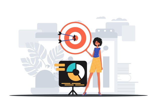 La niña sostiene en su mano un objetivo con una flecha que golpea el concepto de comercialización digital central Estilo moderno Ilustración vectorial