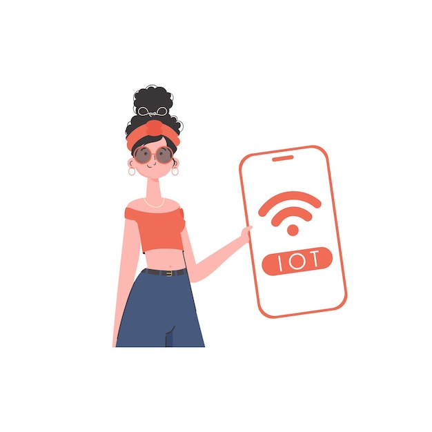 La niña sostiene un teléfono con el logotipo de IoT en sus manos Concepto de Internet de las cosas Ilustración vectorial en estilo plano