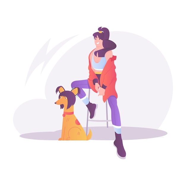 una niña y su perro están de pie frente a una pared con una mujer y un perro