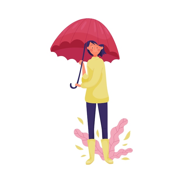 Niña con suéter y botas caminando al aire libre en una ilustración vectorial de un día lluvioso