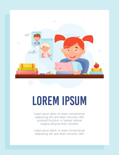 niña, con, tableta, tener, video chat, con, amigos, en, ella, hogar, lugar de trabajo, vector, ilustración