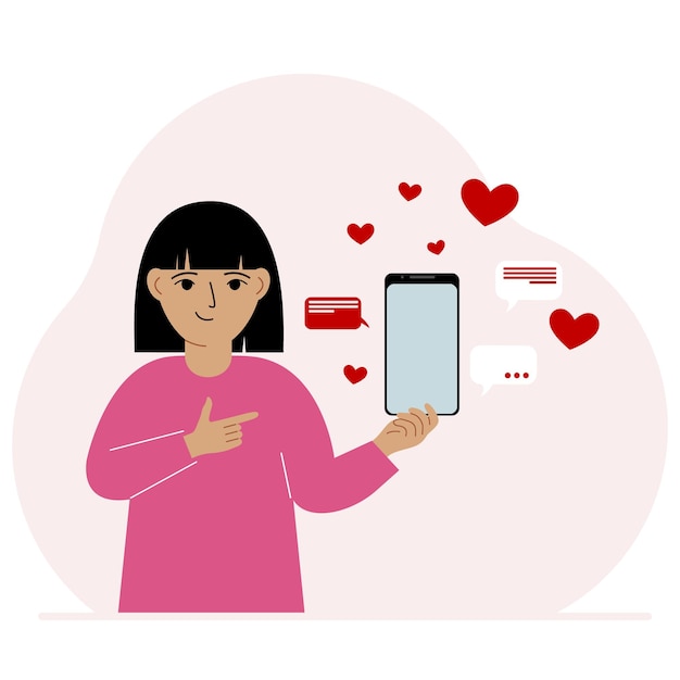 Niña con un teléfono inteligente en la mano el concepto de redes sociales de comunicación por correspondencia muchos corazones