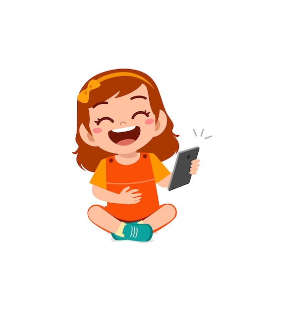 Niña con teléfono móvil y reír