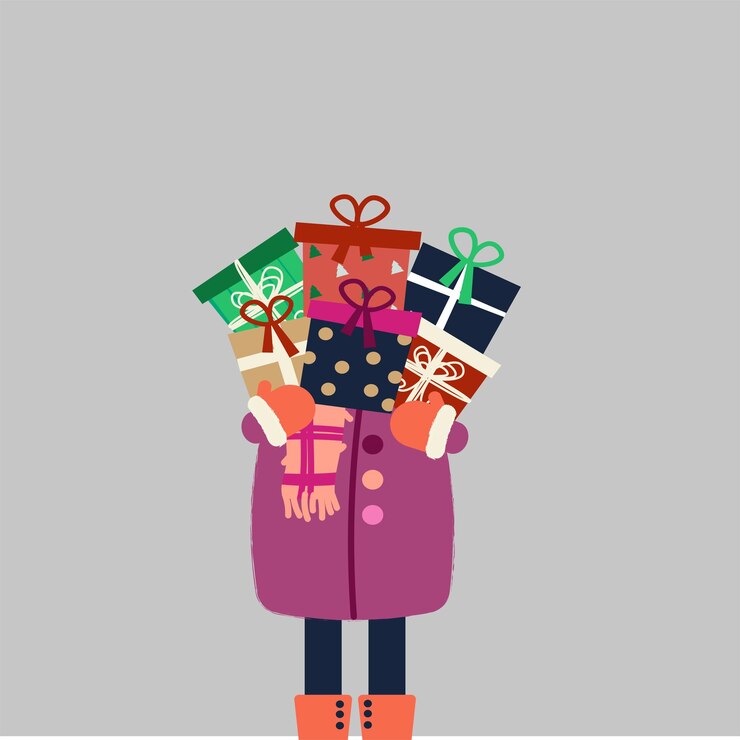 Niña con tema de invierno con regalos para Navidad