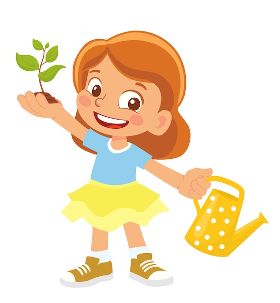 Niña, tenencia, brote, y, regadera clipart