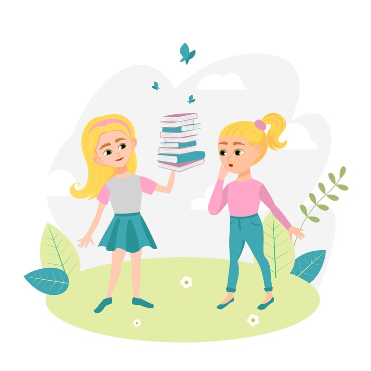 Vector la niña tiene una pila de libros en la mano. la otra chica la mira y se pregunta. vector