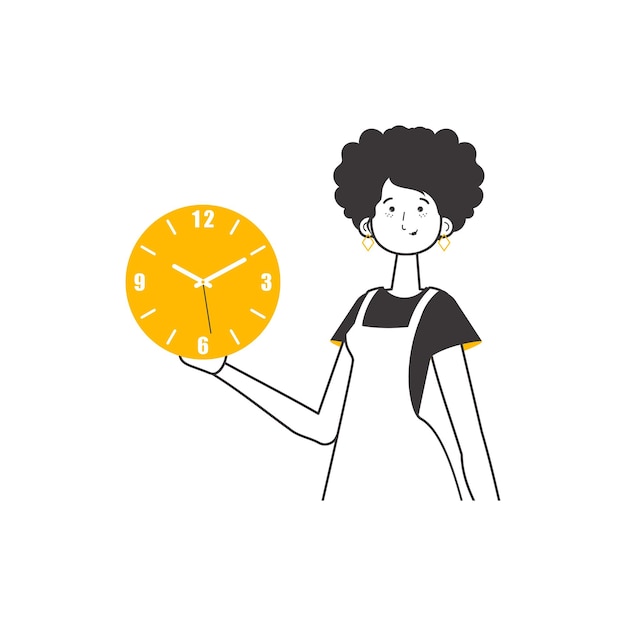 La niña tiene un reloj en las manos Concepto de gestión del tiempo Ilustración de vector aislado lineal