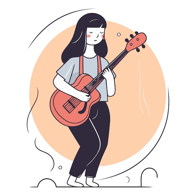 Vector niña tocando la guitarra en un estilo lineal plano