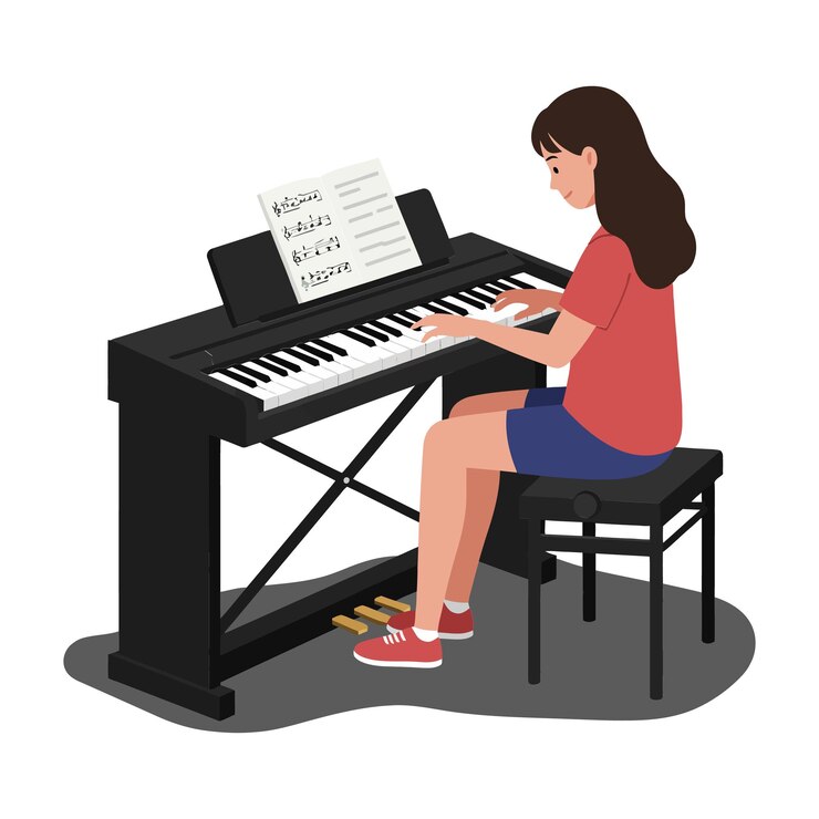 Vector niña tocando el piano con partituras en una ilustración vectorial plana
