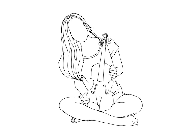 Vector niña tocando el violín dibujo de arte de línea