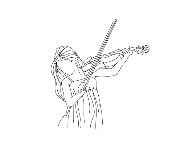 Vector niña tocando el violín dibujo de arte de línea