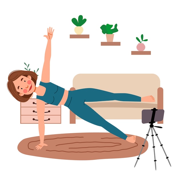 La niña toma clases en línea por teléfono, hace yoga. El concepto de quedarse en casa. Transmisión en vivo, educación en línea. Un personaje de dibujos animados femenino practicando hatha yoga. Una mujer hace deporte en el interior.