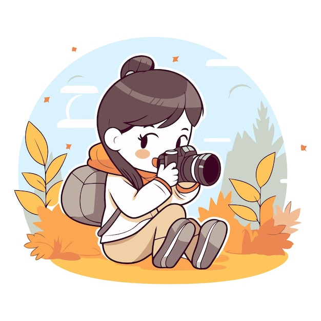 Vector niña tomando una foto con la cámara en el parque de otoño