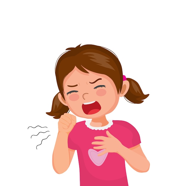 Niña tosiendo malestar sosteniendo su pecho como síntoma de resfriado o bronquitis