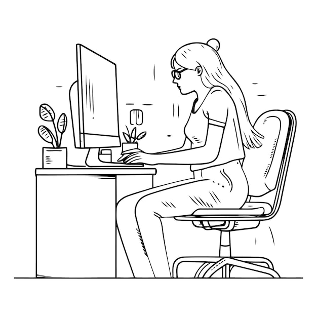 Niña trabajando en la computadora en el estilo de arte en línea