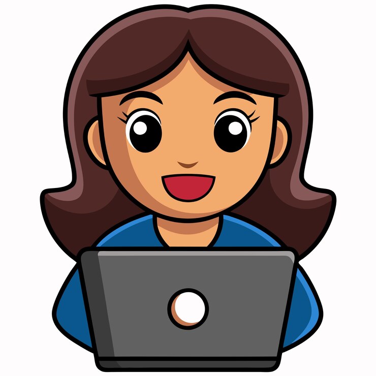 Vector niña trabajando en una computadora portátil icono vectorial de dibujos animados ilustración gente tecnología icono concepto aislado estilo plano de dibujo animado vectorial premium
