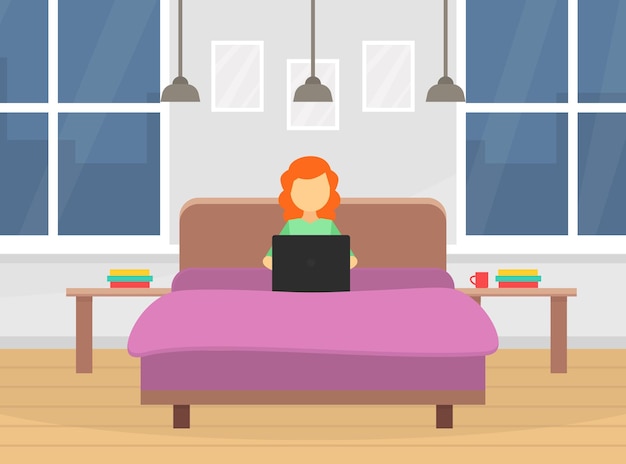 Niña trabajando en la computadora portátil mientras está sentada en la cama trabajo independiente o estudiando vector de dibujos animados