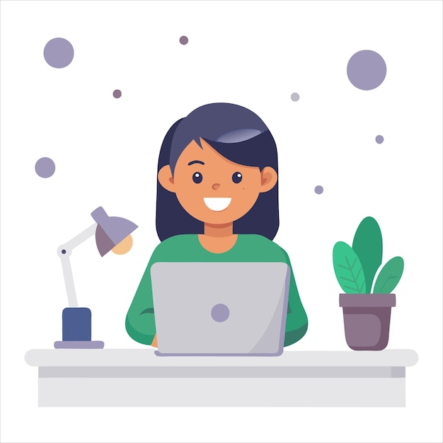 Una niña trabajando en una habitación plana ilustración vectorial aislada sobre un fondo blanco
