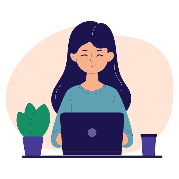 Niña trabajando en línea a través de Internet con portátil ilustración vectorial estilo plano