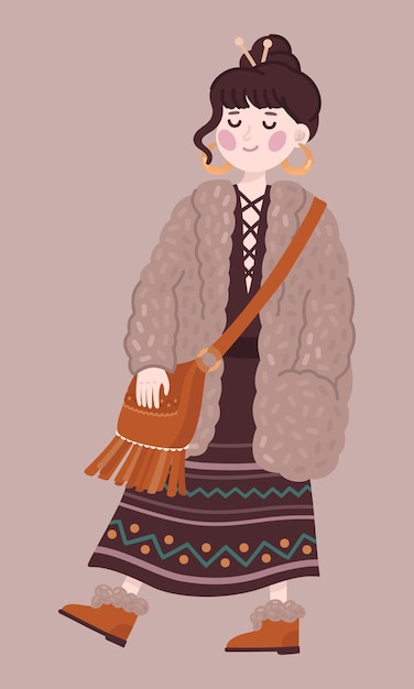 Niña con traje boho en abrigo de piel