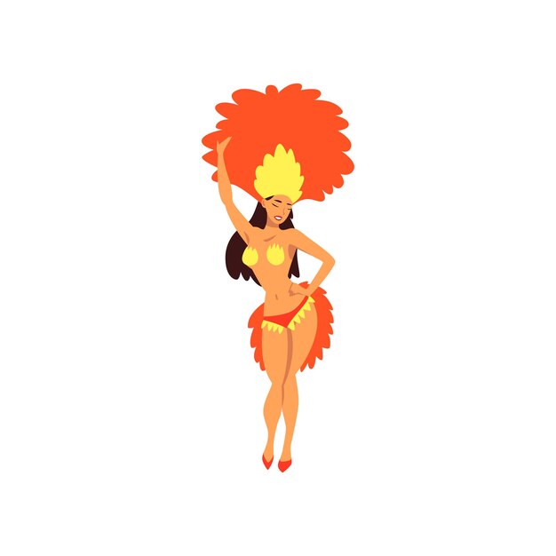 Niña con traje de festival rojo y amarillo bailando Bailarina de samba brasileña Carnaval de Río de Janeiro Ilustración vectorial sobre fondo blanco