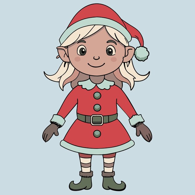 Vector niña con traje de invierno elfo de navidad dibujado a mano personaje de dibujos animados pegatina icono concepto aislado