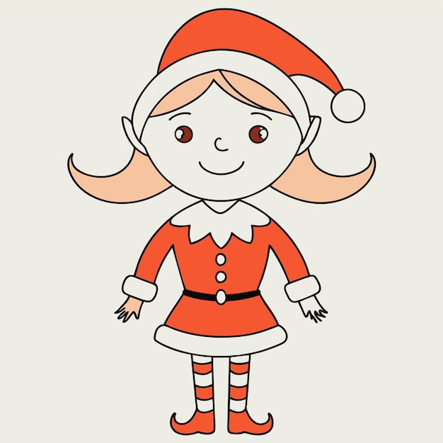 Vector niña con traje de invierno elfo de navidad dibujado a mano personaje de dibujos animados pegatina icono concepto aislado